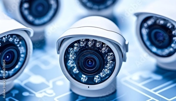 Obraz Multiple white dome security cameras on a blue surface, focused on the front camera
