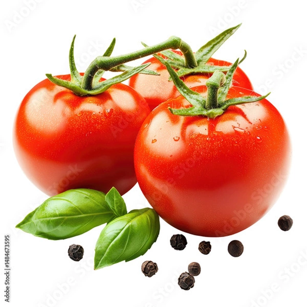 Fototapeta Ripe red tomatoes with basil and peppercorns