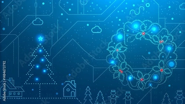 Fototapeta Futuristic Christmas design with glowing ornaments and circuit board background.