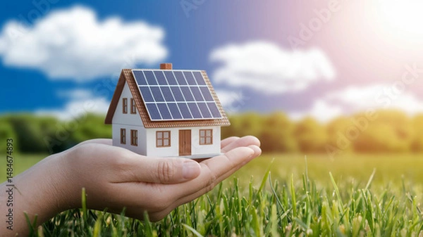 Obraz Hand Holding Model House with Solar Panels