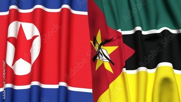 Fototapeta Flags of KOREA NORTH and MOZAMBIQUE with realistic cloth texture