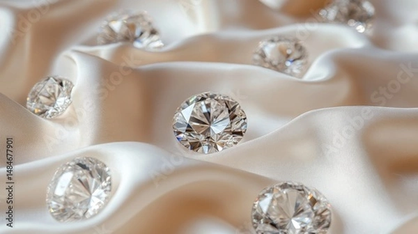 Fototapeta Sparkling diamonds scatter on elegant, cream-colored satin fabric. Use for luxury, jewelry, or wedding-related designs.