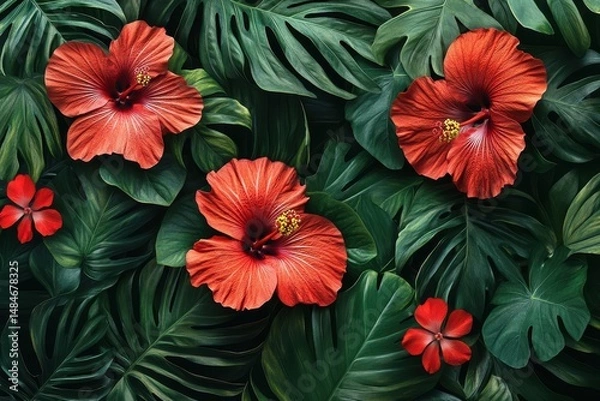 Obraz Hibiscus and monstera leaves create a vibrant, tropical floral background. Use this image to create stunning wallpaper or website design.