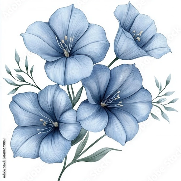 Fototapeta spring flower concept. Delicate blue flowers with intricate details and leaves. isolated on white background