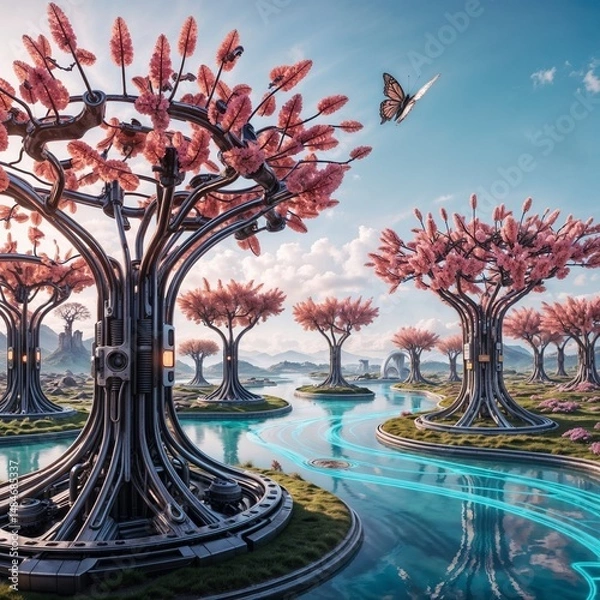 Fototapeta large butterfly flying over surreal pink trees in a glowing futuristic environment for use in fantasy illustrations or creative design projects