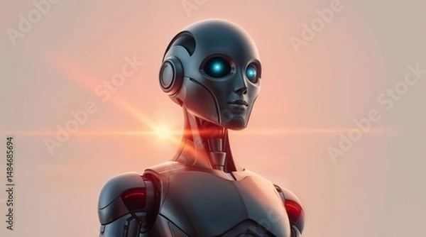 Fototapeta futuristic humanoid robot with glowing blue eyes and red lights on sunset background for use in sci fi posters or advanced technology visuals