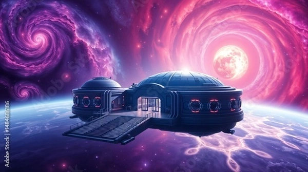 Fototapeta high tech dome structure with neon lights in surreal sci fi landscape for use in digital concept art or futuristic design projects