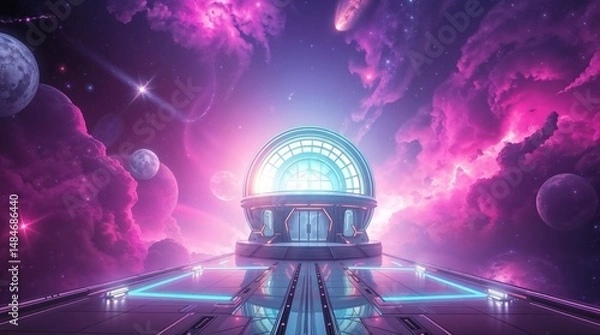Fototapeta sci fi glowing architecture with vibrant clouds and cosmic background for use in fantasy environments or technology presentations