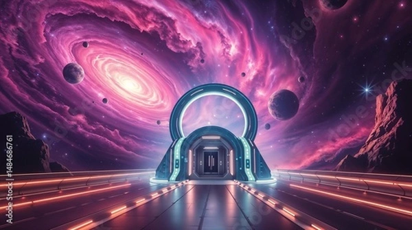 Fototapeta large dome with blue neon lights in otherworldly futuristic scene for use in space themed posters or imaginative illustrations
