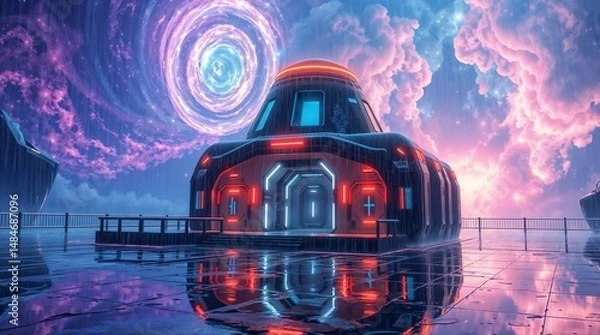 Fototapeta futuristic sci fi structure with red and blue lights under glowing nebula sky for use in space themed visuals or digital concept illustrations