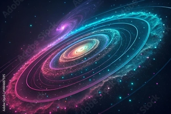 Obraz Hyperrealistic Abstract Digital Nebula with Glowing Particles and Concentric Rings in Neon Colors