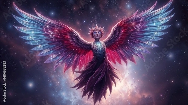 Fototapeta ethereal figure with large sparkling wings under starry nebulous sky for use in mystical art or fantasy themed projects