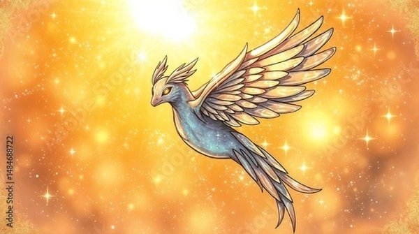 Fototapeta fantasy bird creature with blue and gold wings and glowing eyes for use in magical illustrations or ethereal design projects