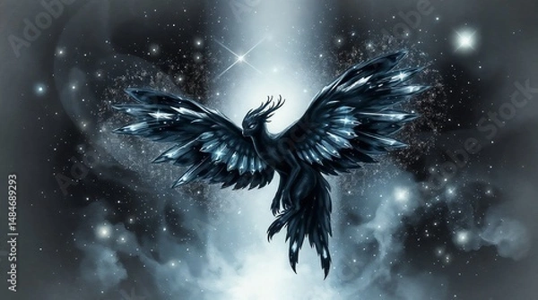 Fototapeta large dark mythical bird with crystalline wings against starry cosmic background for use in fantasy art or mystical design projects