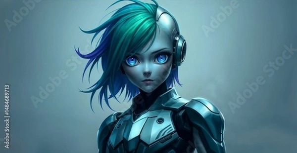 Fototapeta futuristic humanoid character with teal and purple hair and blue eyes for use in sci fi illustrations, character design, or digital concept art