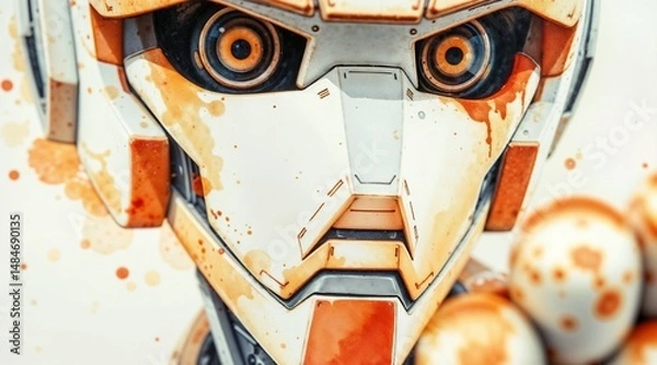 Fototapeta close up of futuristic robot face with orange and white detailing and abstract background for use in sci fi posters, concept art, or technology themed projects