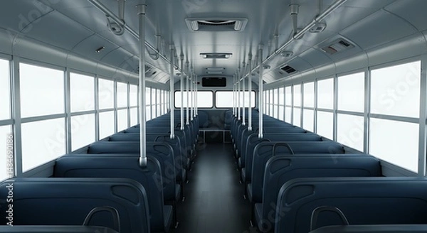 Obraz Empty Interior of a Bus with Rows of Seats and Bright Windows