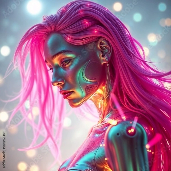 Fototapeta futuristic figure with long pink hair and glowing metallic body in colorful sci fi lights for use in digital art, cyberpunk visuals, or character concept design