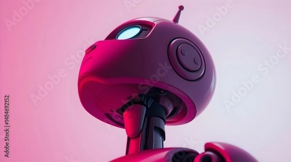 Fototapeta futuristic robot with round head and blue glowing eyes looking up on pink gradient background for use in sci fi art, digital portraits, or character design projects