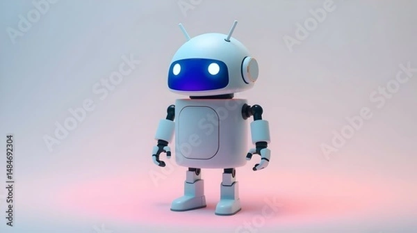 Fototapeta small humanoid robot with white body blue eyes and glowing red lights for use in sci fi illustrations, robotics concepts, or digital art projects