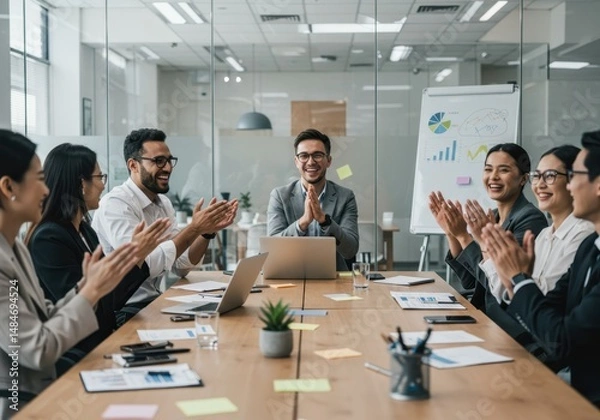 Fototapeta Happy business team applauding at a meeting in a modern office with laptops and a whiteboard