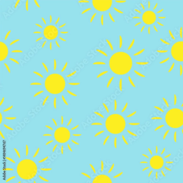 Fototapeta Bright yellow sun patterns against a light blue background create a cheerful and vibrant atmosphere for summer decor
