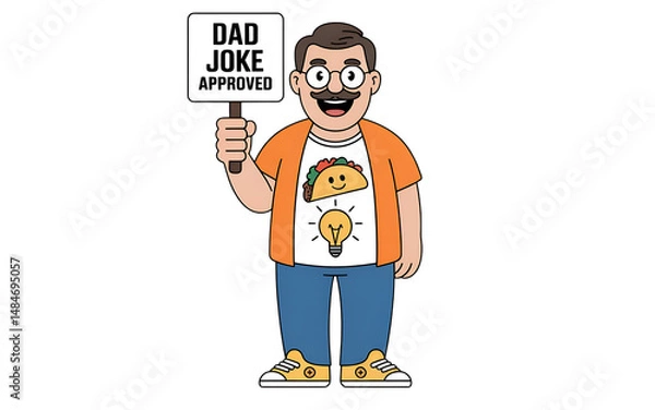 Obraz Flat-style humorous illustration of a smiling dad with quirky elements representing classic dad jokes on white background in PNG format