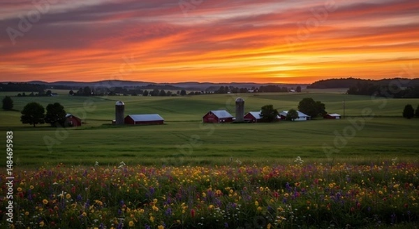 Fototapeta A vibrant flowerbed in the foreground leads to a green field with farm buildings under a dramatic sunset sky.