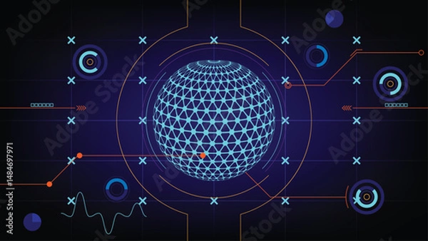 Obraz Global Data Analytics Interface Abstract World Sphere with Interactive HUD Elements