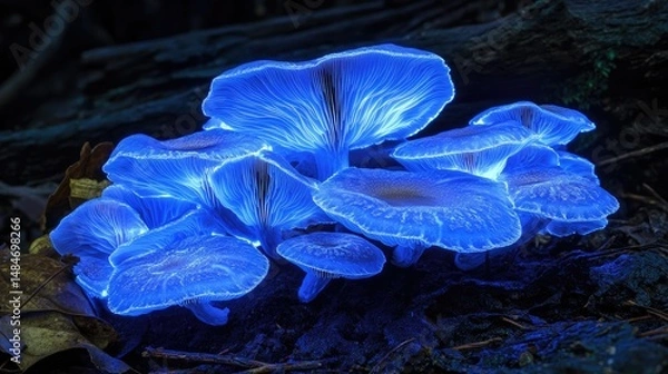 Obraz A close-up view of a mushroom with a grayish-blue cap and a glowing underside,