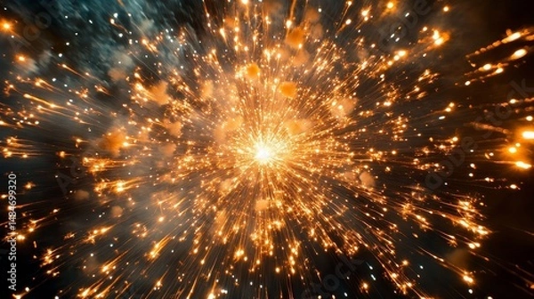 Fototapeta Vibrant Fireworks Display at Night: Orange and Gold Sparks Exploding in Dark Sky