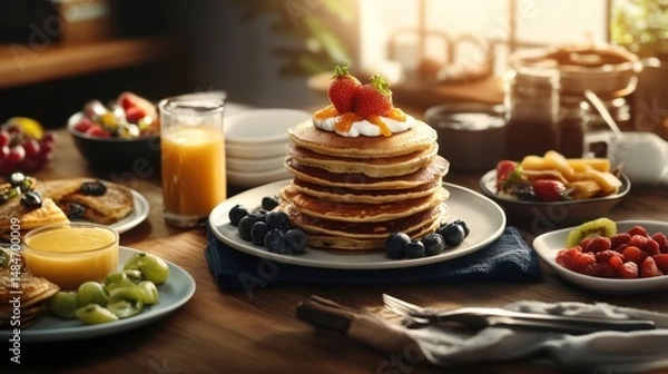 Fototapeta Delicious Stack of Pancakes with Berries and Breakfast Spread