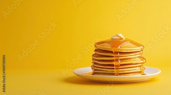 Fototapeta Stacked Pancakes with Maple Syrup Dripping on Yellow Background