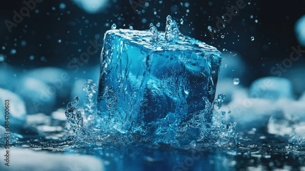Obraz A melting ice cube sits on a smooth, reflective surface, surrounded by droplets of water.