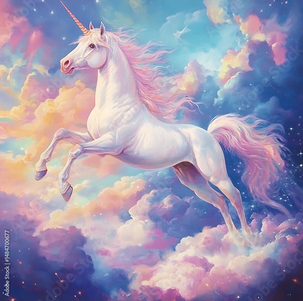 Obraz Celestial Unicorn Flight
Use for: Fantasy art, children's decor, magical illustrations.
Style: Ethereal, dreamy, vibrant.
