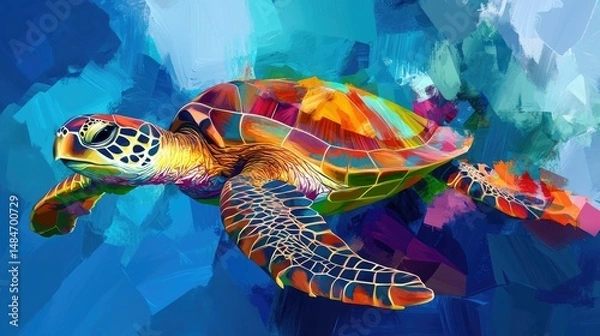Obraz A vibrant, colorful digital illustration of a sea turtle swimming underwater against a geometric blue background.