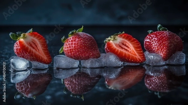 Obraz Three fresh strawberries partially immersed in clear ice cubes,