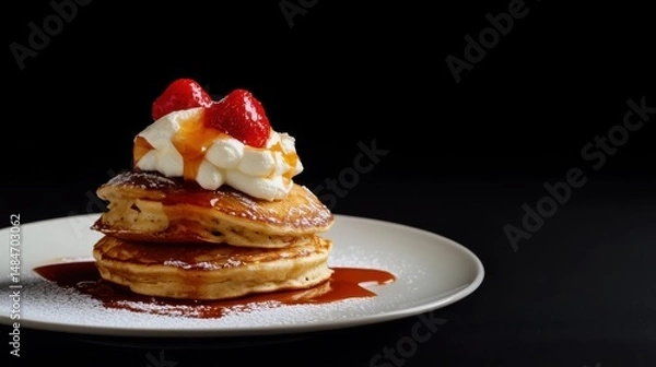 Fototapeta Fluffy Pancakes with Cream and Strawberries on Plate Against Black Background