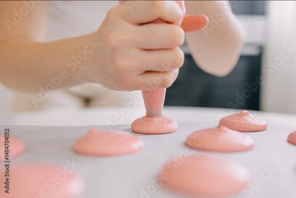 Fototapeta Close-up view of hands forming pink macaroon batter on baking tray with piping bag.