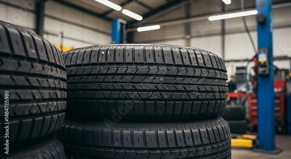 Fototapeta Stacked Car Tires in Repair Shop or Garage for Tire Service