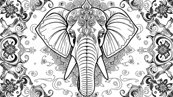 Fototapeta Ornate Elephant Head Design on a Damask Background