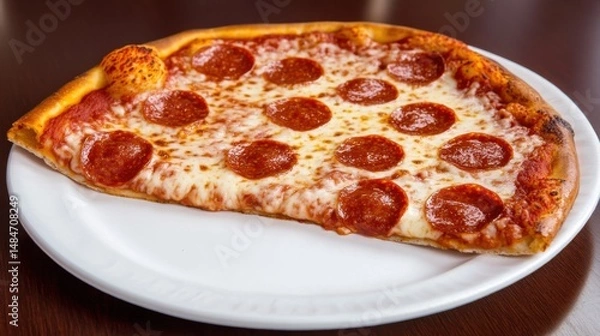 Fototapeta Delicious Pepperoni Pizza Slice on a White Plate with Cheese