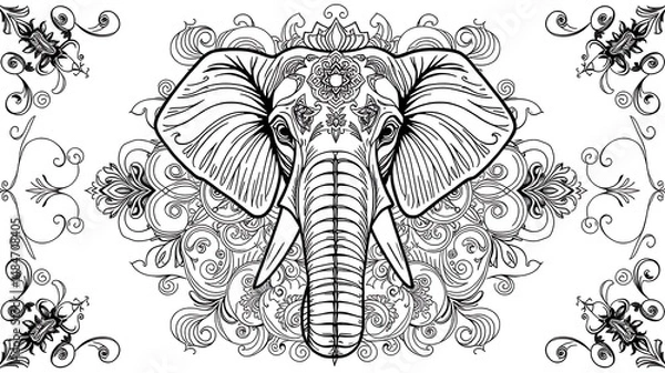 Fototapeta Ornate Elephant Head Design on a Damask Background