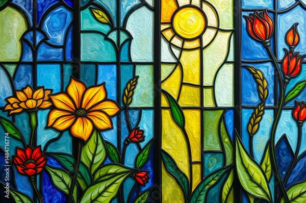 Fototapeta Colorful stained glass window. Botanical pattern. Multicolored interior design template.