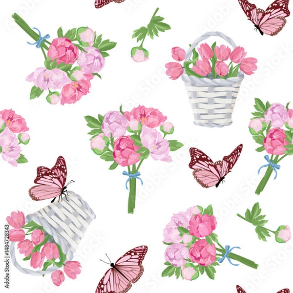 Fototapeta Seamless vector illustration with bouquets of pink peonies, tulips and butterflies on a white background. For decorating textiles, packaging