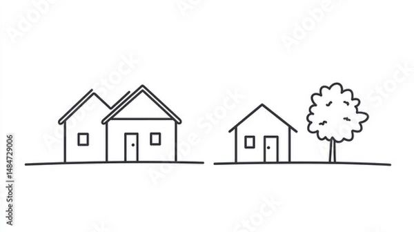 Obraz Simple line art houses and tree, rural landscape, illustration, background, graphic design, vector, drawing, minimalistic