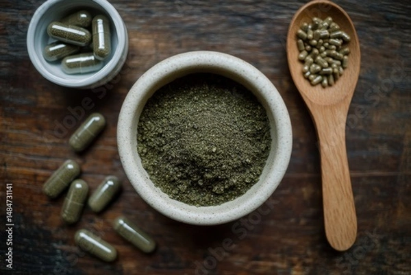 Fototapeta A top view of herbal capsules and powder in bowls and on a wooden spoon on a wooden surface