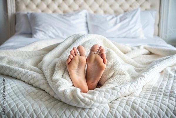 Fototapeta A person's feet are covered in a blanket on a bed