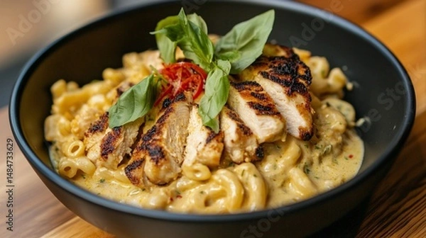 Fototapeta Creamy pasta with Grilled Chicken and Fresh Basil in black ceramic bowl