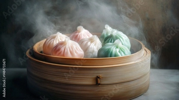 Fototapeta Colorful Chinese Dumplings in Bamboo Steamer 